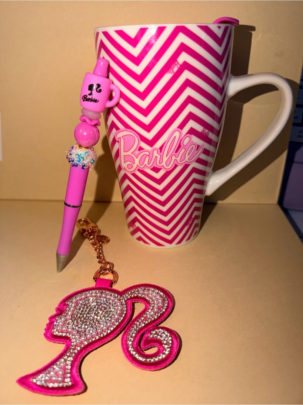 💖NWOT Barbie Skinny Dip Mug, Pen & keychain/bagcharm bundle